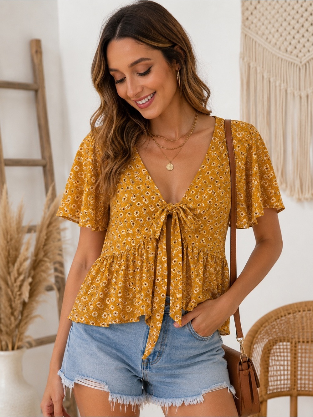 SHEIN Mustard Floral Tie-Front Peplum Blouse Size L Cottagecore Boho Western